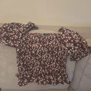 Papermoon Brown Floral Smocked Puff Sleeve Top